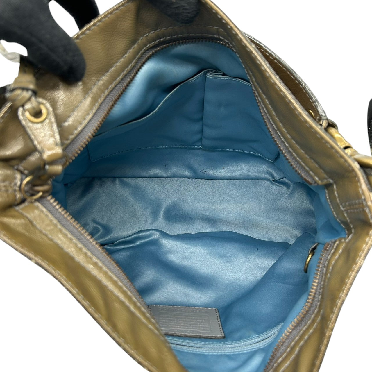 【美品】コーチ COACH ゾーイ ショルダーバッグ ワンショルダー ハンドバッグ F0873-12735 パテントレザー エナメル カーキ グリーン レディース ゴールド金具 エレガント クラシック カジュアル 通勤 通学 U3