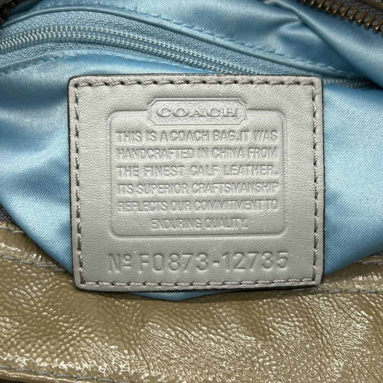 【美品】コーチ COACH ゾーイ ショルダーバッグ ワンショルダー ハンドバッグ F0873-12735 パテントレザー エナメル カーキ グリーン レディース ゴールド金具 エレガント クラシック カジュアル 通勤 通学 U3