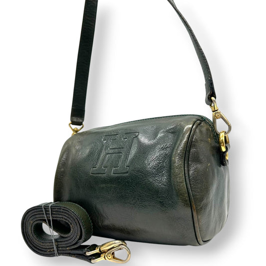ヒロフ HIROFU 2WAY ショルダーバッグ ポシェット ミニバッグ 斜め掛け可 Hロゴ ドラム 筒型 レザー 本革 ダークグリーン 緑 ヴィンテージ クラシック レディース ハンドバッグ コンパクト レトロ s77
