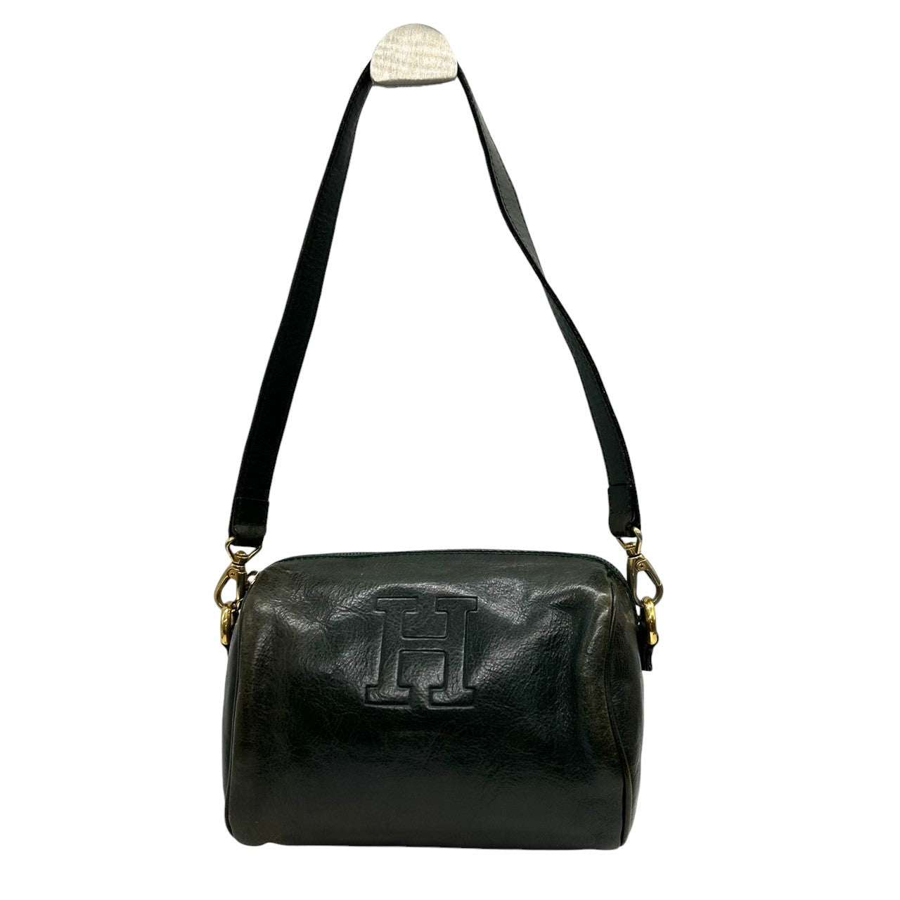 ヒロフ HIROFU 2WAY ショルダーバッグ ポシェット ミニバッグ 斜め掛け可 Hロゴ ドラム 筒型 レザー 本革 ダークグリーン 緑 ヴィンテージ クラシック レディース ハンドバッグ コンパクト レトロ s77