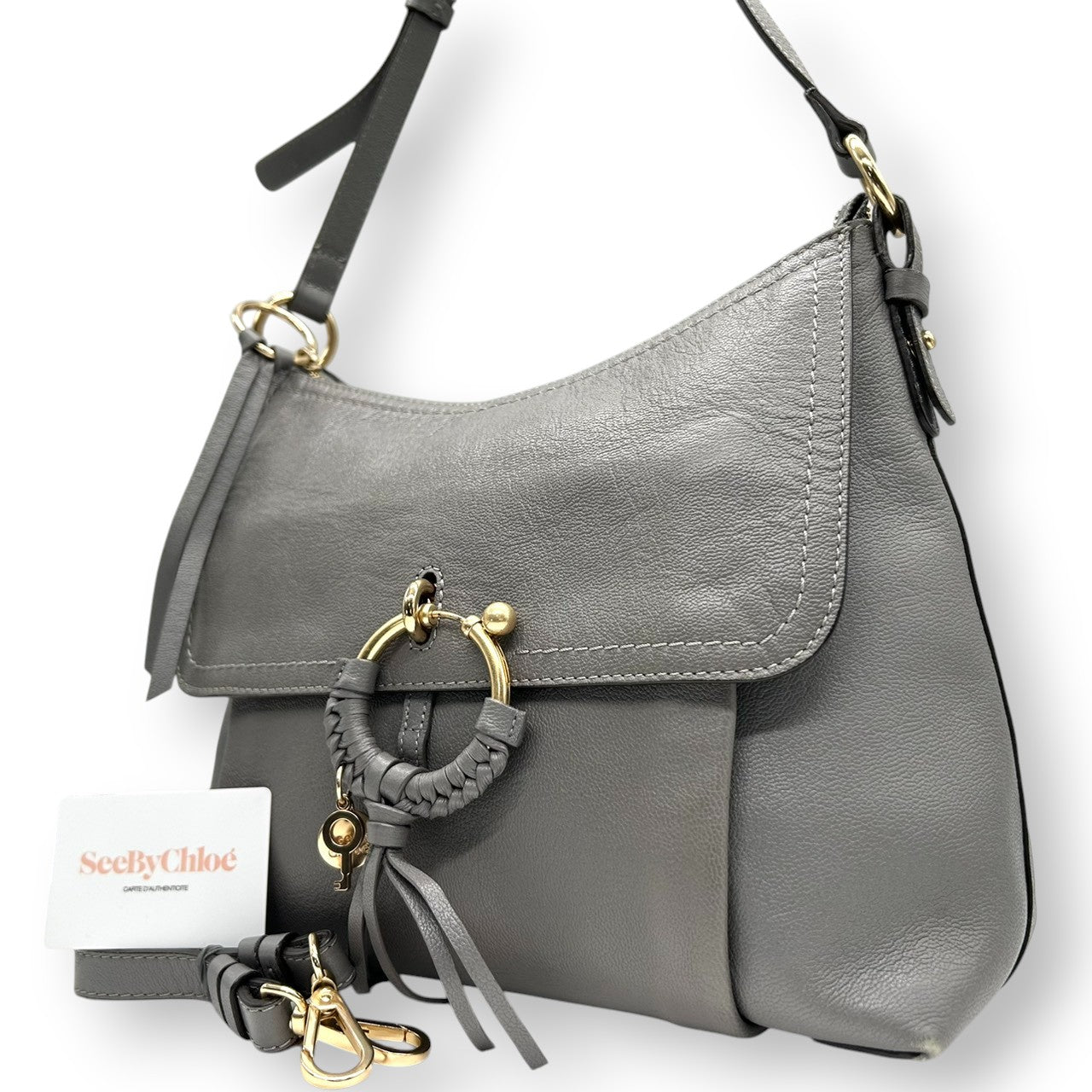 シーバイクロエ ジョアン JOAN 2WAY ショルダーバッグ ハンドバッグ 斜め掛け可 ワンショルダー レザー 本革 グレー Oリング キーチャーム タッセル ゴールド金具 レディース フェミニン カード付き s77