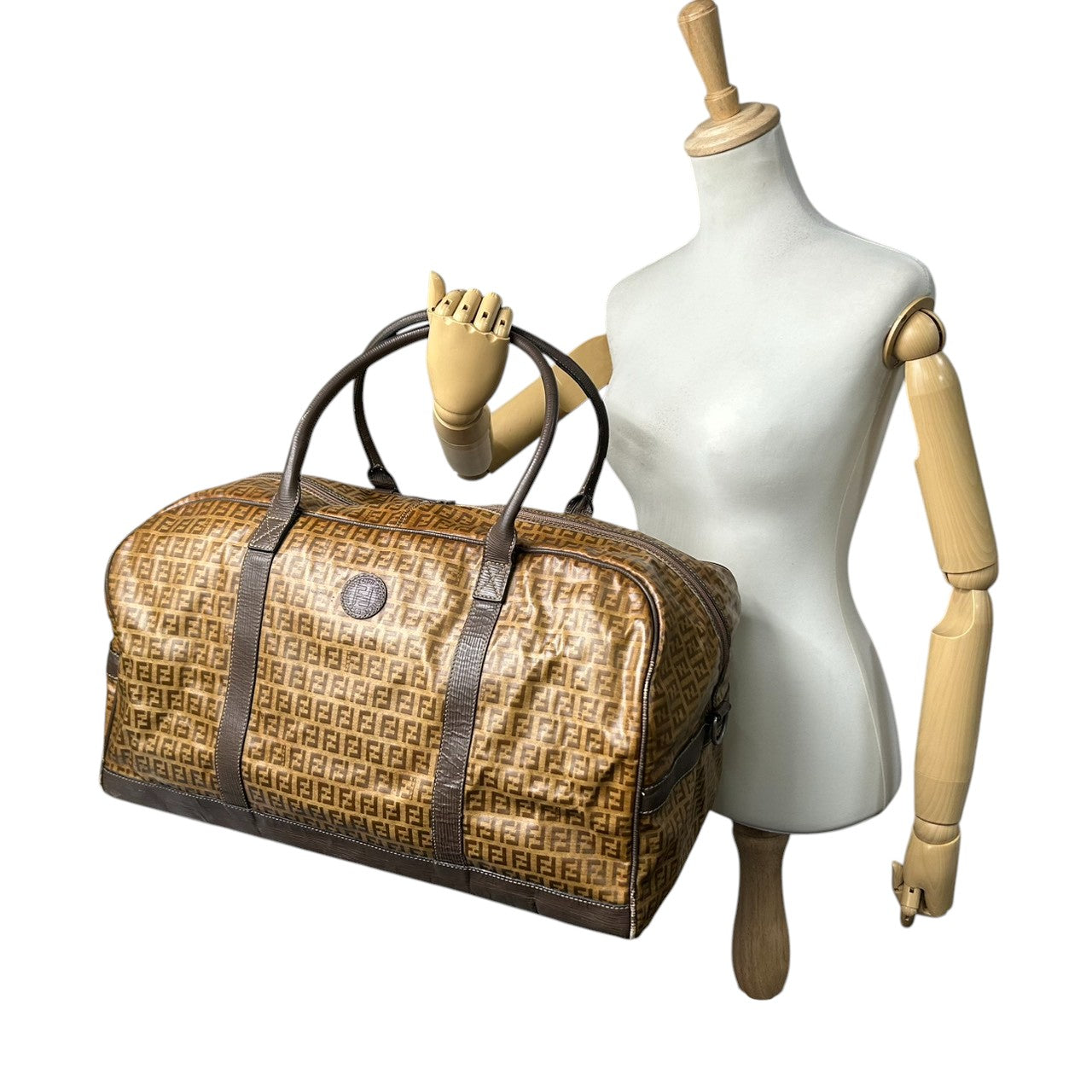 フェンディ FENDI ボストンバッグ 2WAY ショルダーバッグ ズッカ柄 FFロゴ PVC レザー ブラウン 大容量 旅行鞄 メンズ レディース ユニセックス ヴィンテージ クラシック オールドフェンディ 斜め掛け可 X3