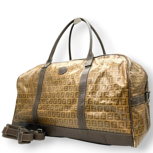 フェンディ FENDI ボストンバッグ 2WAY ショルダーバッグ ズッカ柄 FFロゴ PVC レザー ブラウン 大容量 旅行鞄 メンズ レディース ユニセックス ヴィンテージ クラシック オールドフェンディ 斜め掛け可 X3