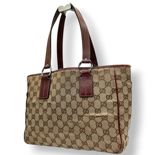 グッチ GUCCI GGキャンバス トートバッグ 113019 ハンドバッグ ワンショルダー 肩掛け可 レザー 本革 ブラウン レッド レディース 定番人気 ヴィンテージ クラシック オールドグッチ 通勤 通学 s5