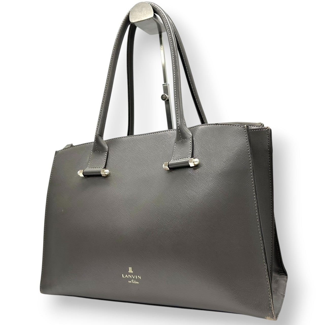 ランバンオンブルー トートバッグ ハンドバッグ ビジネスバッグ ショルダーバッグ A4収納可 肩掛け可 大容量 自立可 サフィアーノ調 PVC レザー グレー ゴールド金具 レディース 婦人 通勤 通学 オフィス フォーマル きれいめ 上品 エレガント s5