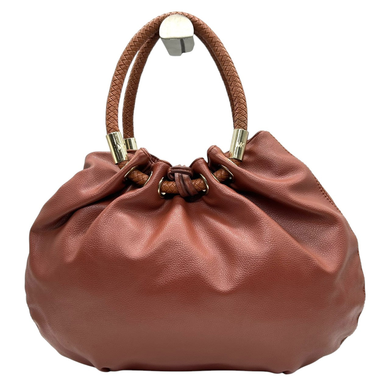 【美品】マイケルコース ハンドバッグ 巾着バッグ ワンショルダー 編み込みハンドル レザー 本革 ブラウン MKロゴチャーム ゴールド金具 レディース 肩掛け 大容量 ギャザー かわいい フェミニン エレガント s83