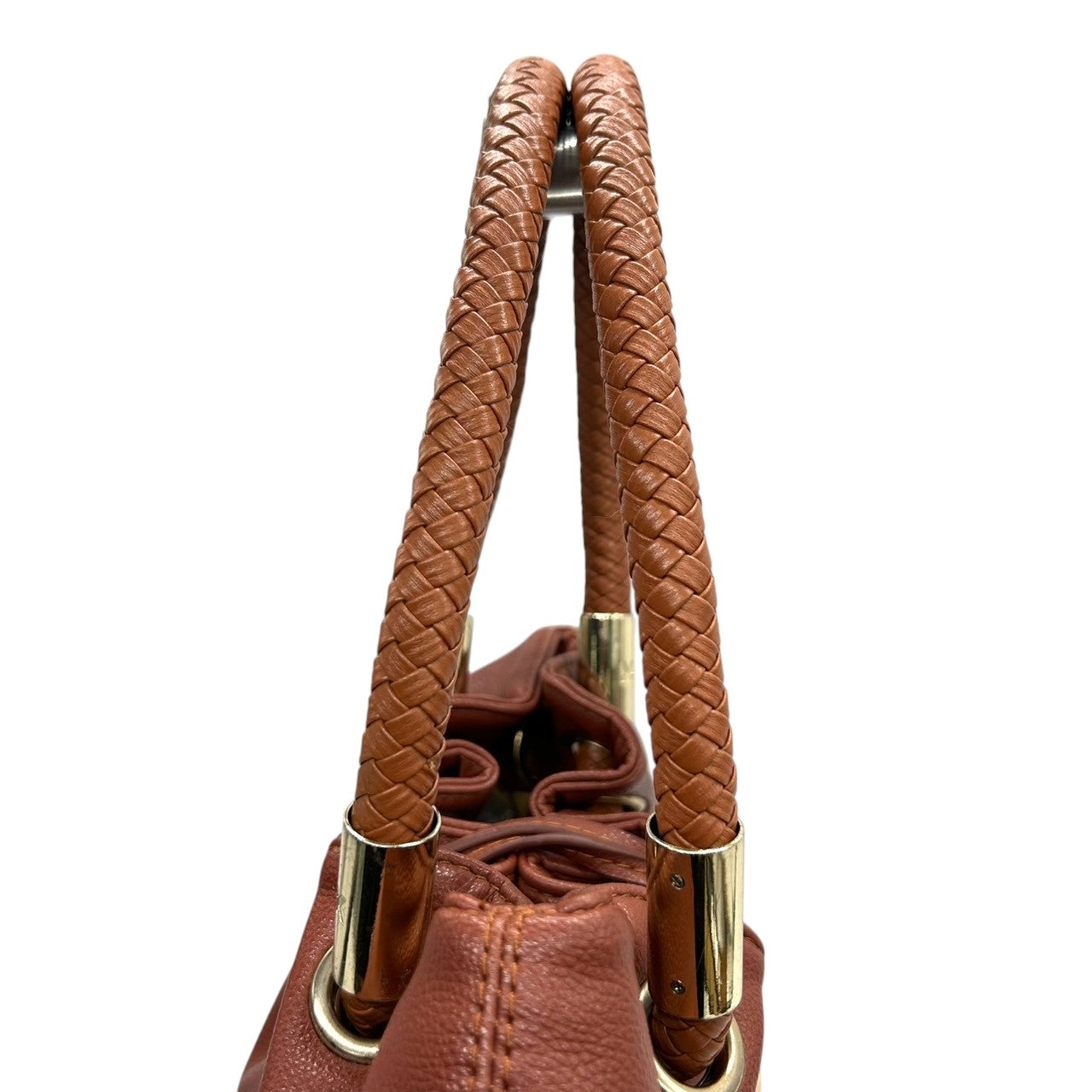 【美品】マイケルコース ハンドバッグ 巾着バッグ ワンショルダー 編み込みハンドル レザー 本革 ブラウン MKロゴチャーム ゴールド金具 レディース 肩掛け 大容量 ギャザー かわいい フェミニン エレガント s83