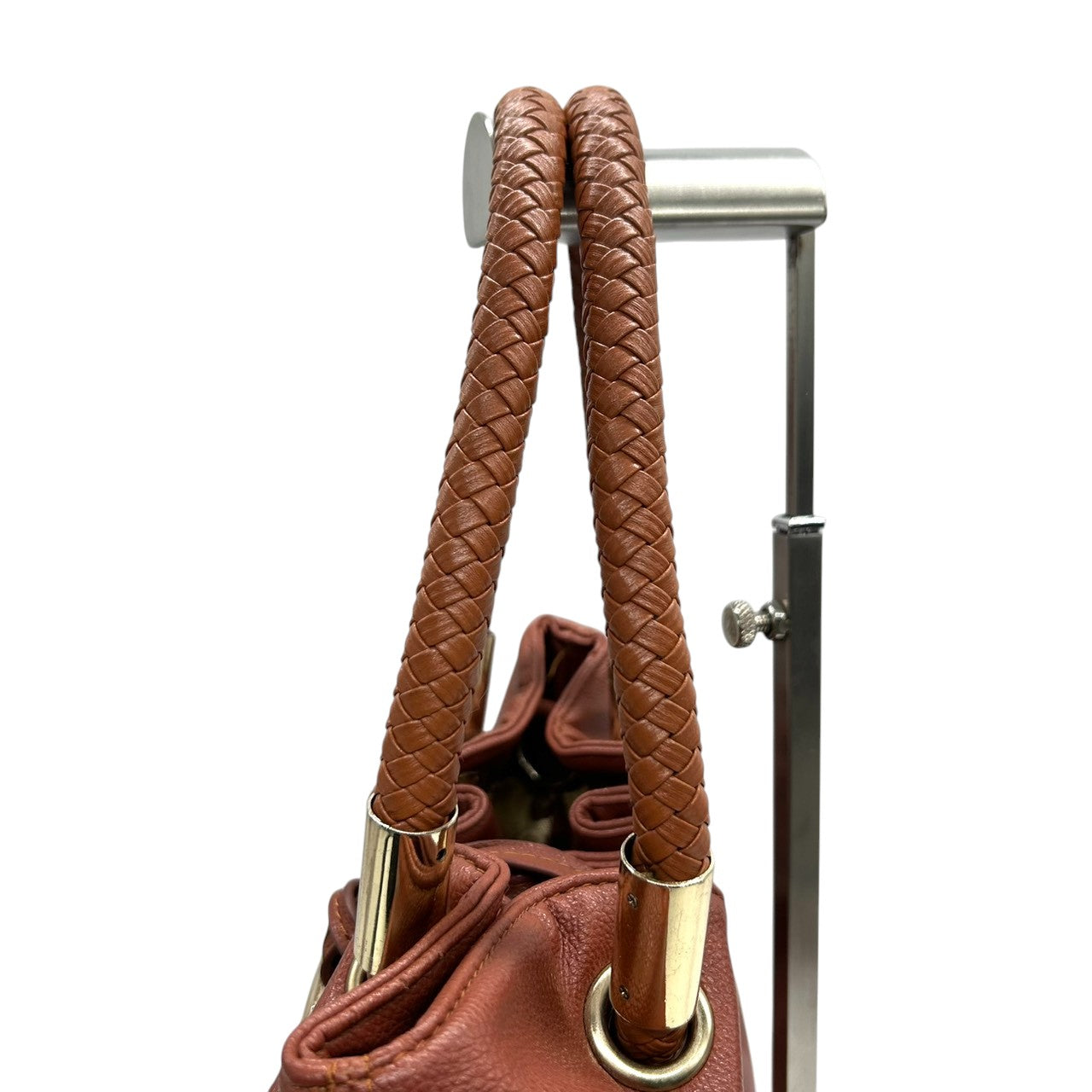 【美品】マイケルコース ハンドバッグ 巾着バッグ ワンショルダー 編み込みハンドル レザー 本革 ブラウン MKロゴチャーム ゴールド金具 レディース 肩掛け 大容量 ギャザー かわいい フェミニン エレガント s83