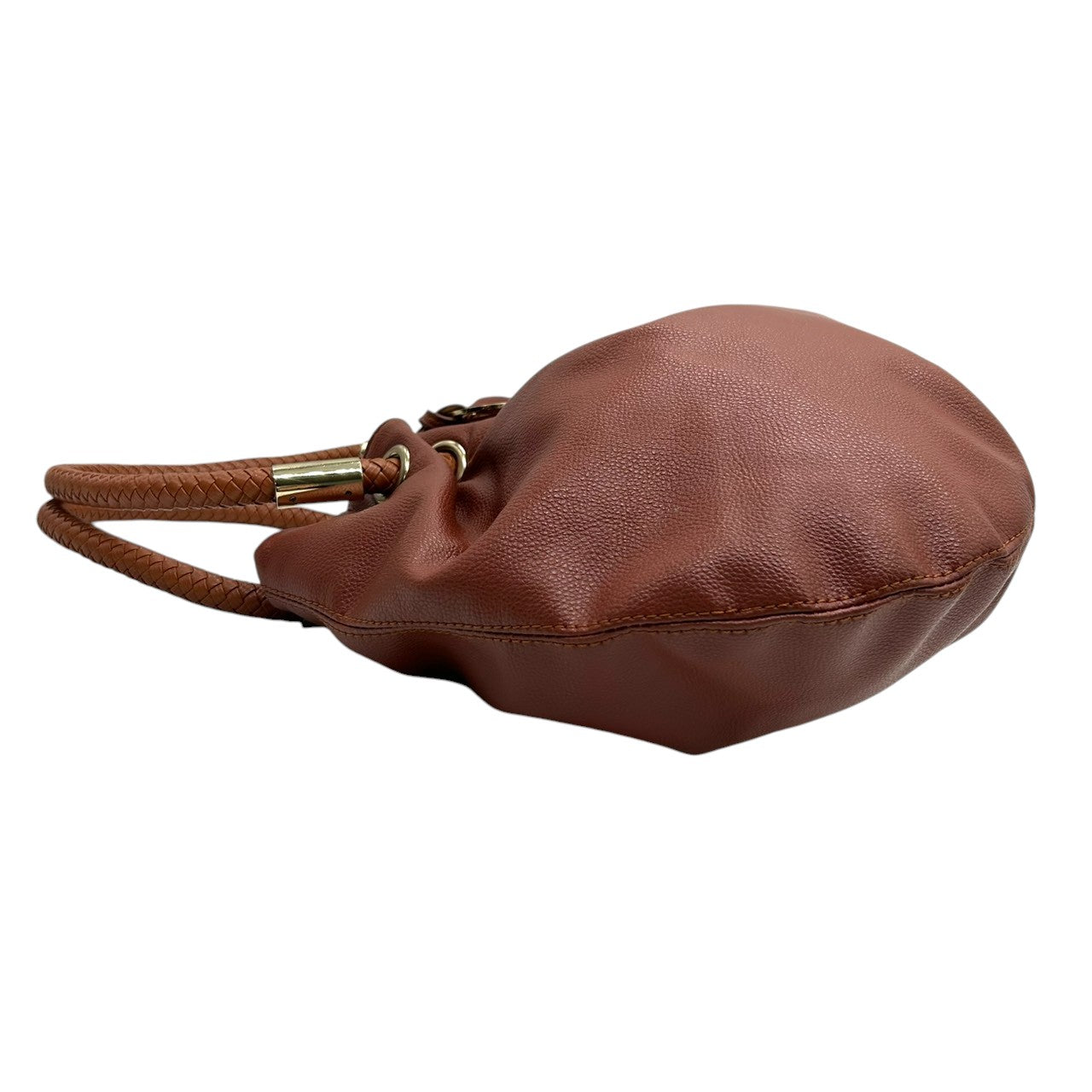 【美品】マイケルコース ハンドバッグ 巾着バッグ ワンショルダー 編み込みハンドル レザー 本革 ブラウン MKロゴチャーム ゴールド金具 レディース 肩掛け 大容量 ギャザー かわいい フェミニン エレガント s83