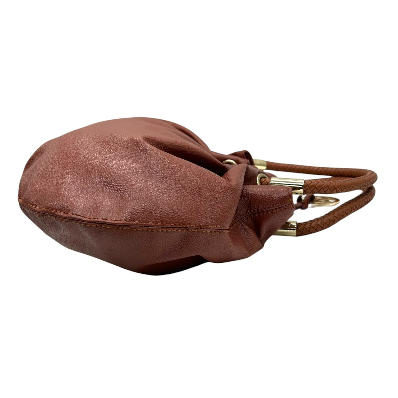 【美品】マイケルコース ハンドバッグ 巾着バッグ ワンショルダー 編み込みハンドル レザー 本革 ブラウン MKロゴチャーム ゴールド金具 レディース 肩掛け 大容量 ギャザー かわいい フェミニン エレガント s83