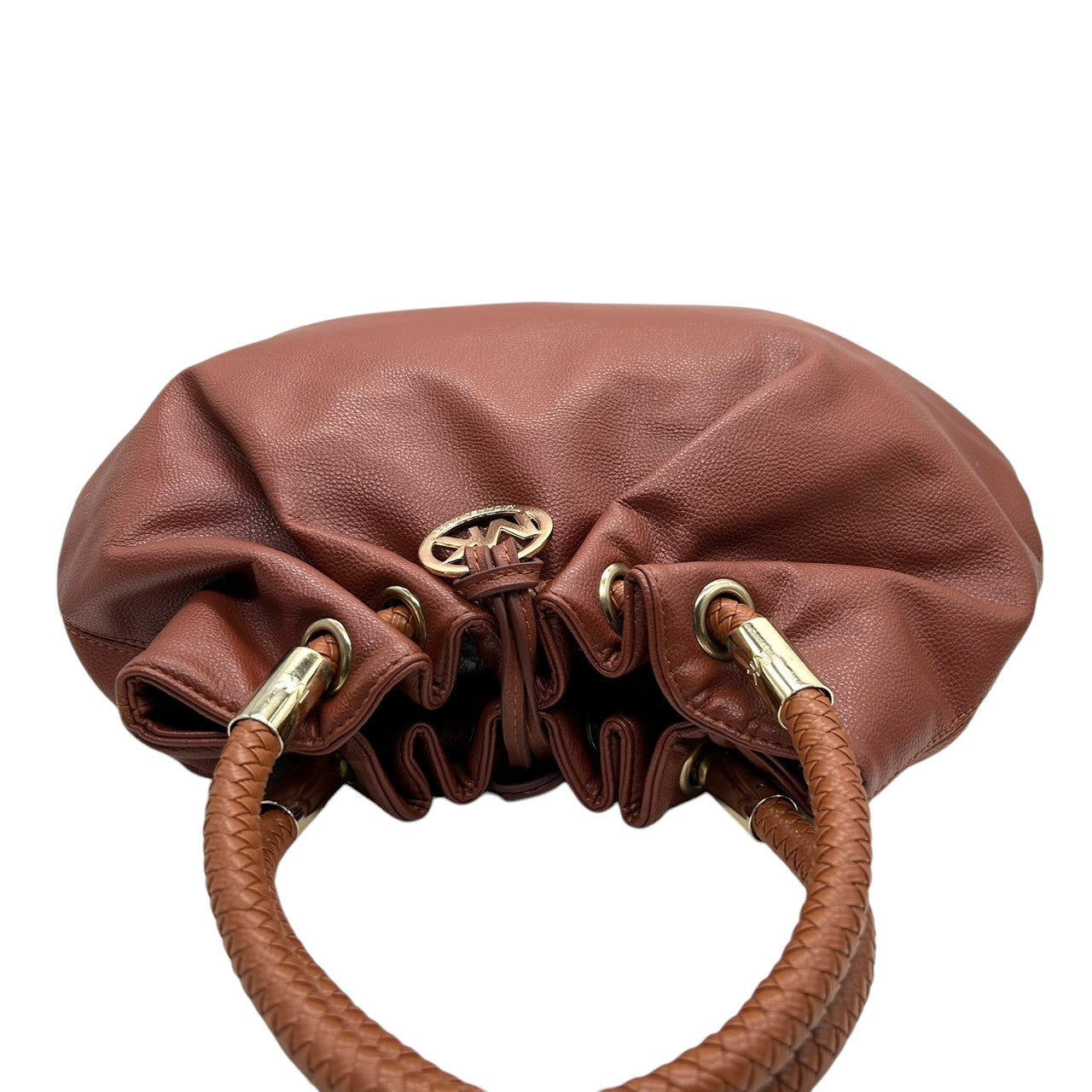 【美品】マイケルコース ハンドバッグ 巾着バッグ ワンショルダー 編み込みハンドル レザー 本革 ブラウン MKロゴチャーム ゴールド金具 レディース 肩掛け 大容量 ギャザー かわいい フェミニン エレガント s83