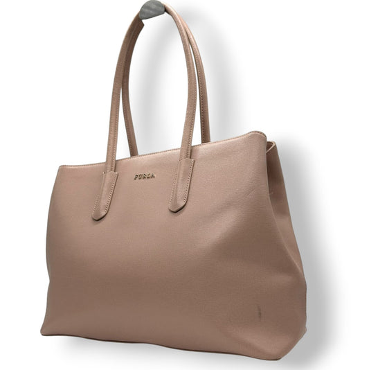 【美品】FURLA フルラ LINDA リンダ トートバッグ ハンドバッグ ビジネスバッグ A4収納可 肩掛け可 大容量 自立可 サフィアーノレザー 本革 ピンクベージュ レディース 婦人 オフィス フォーマル 上品 エレガント きれいめ シルバー金具 U9