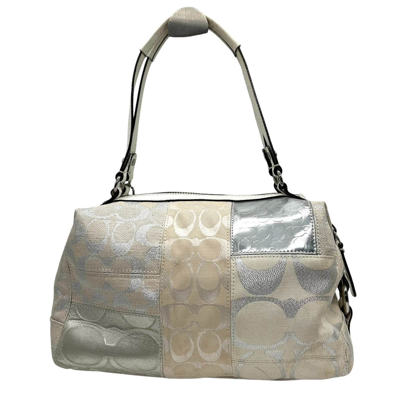 コーチ COACH ハンドバッグ ミニボストン 13497 ワンショルダー シグネチャー オプアート パッチワーク キャンバス パテントレザー メタリック ホワイト ベージュ レディース おしゃれ かわいい フェミニン コンパクト デート s82