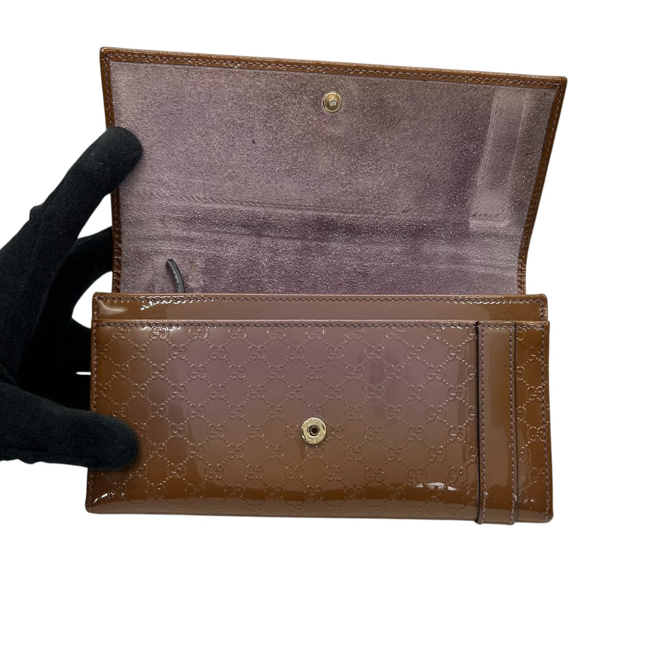 グッチ GUCCI マイクログッチシマ アビー Dリング Wホック 長財布 ウォレット パテントレザー エナメル ブラウン GGエンボス レディース メンズ ユニセックス 大容量 収納豊富 ラグジュアリー w6