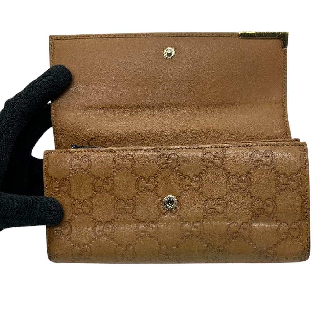 グッチ GUCCI 長財布 Wホック グッチシマ GG柄 レザー 本革 ブラウン ゴールド金具 プレートロゴ レディース メンズ ユニセックス 大容量 収納豊富 GGエンボス ヴィンテージ w6