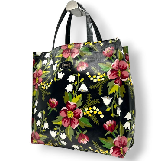 【新品同様】フェイラー FEILER トートバッグ ハンドバッグ PVCコーティング ビニール 花柄 フラワー 植物柄 総柄 シュニール織柄 軽量 雨に強い ブラック 黒 マルチカラー エレガント 上品 ショッピング 買い物 お出かけ レディース 鞄 s92