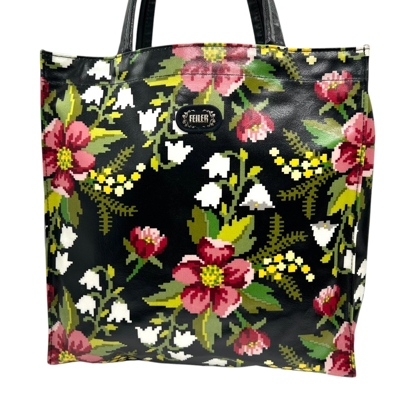 【新品同様】フェイラー FEILER トートバッグ ハンドバッグ PVCコーティング ビニール 花柄 フラワー 植物柄 総柄 シュニール織柄 軽量 雨に強い ブラック 黒 マルチカラー エレガント 上品 ショッピング 買い物 お出かけ レディース 鞄 s92