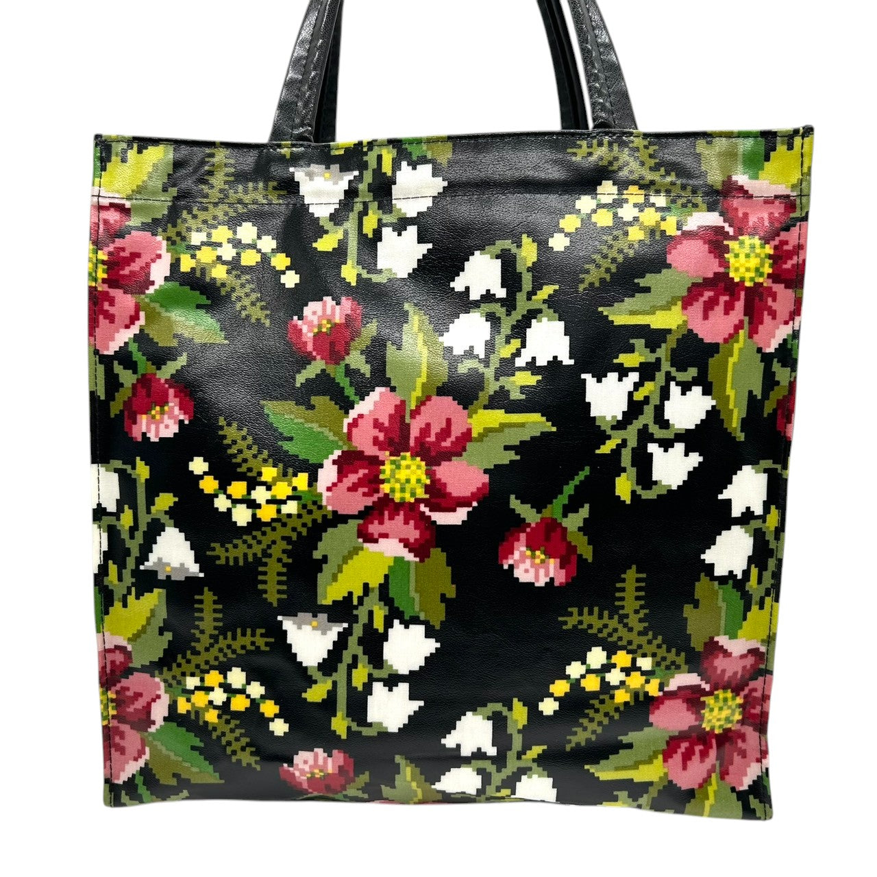 【新品同様】フェイラー FEILER トートバッグ ハンドバッグ PVCコーティング ビニール 花柄 フラワー 植物柄 総柄 シュニール織柄 軽量 雨に強い ブラック 黒 マルチカラー エレガント 上品 ショッピング 買い物 お出かけ レディース 鞄 s92