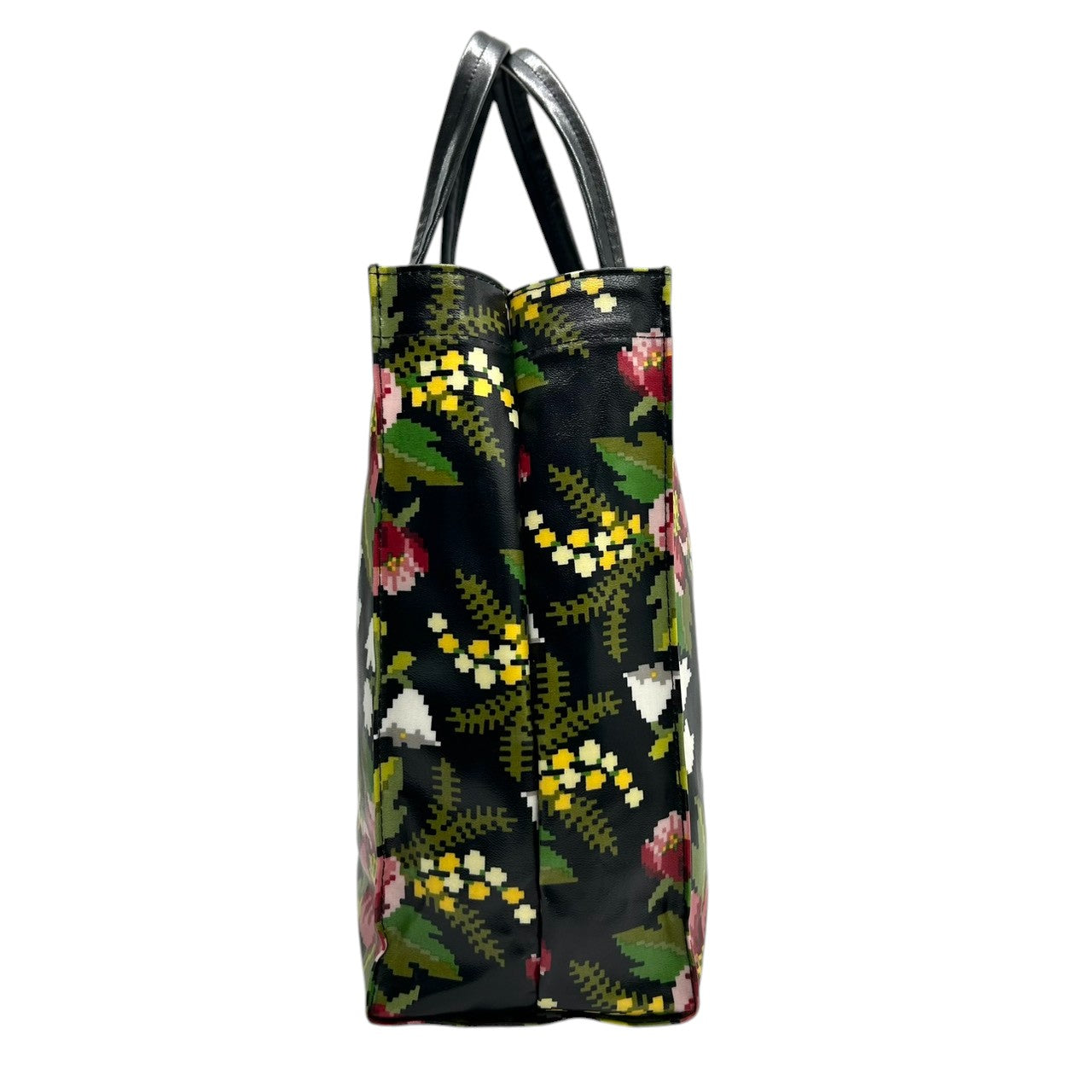 【新品同様】フェイラー FEILER トートバッグ ハンドバッグ PVCコーティング ビニール 花柄 フラワー 植物柄 総柄 シュニール織柄 軽量 雨に強い ブラック 黒 マルチカラー エレガント 上品 ショッピング 買い物 お出かけ レディース 鞄 s92