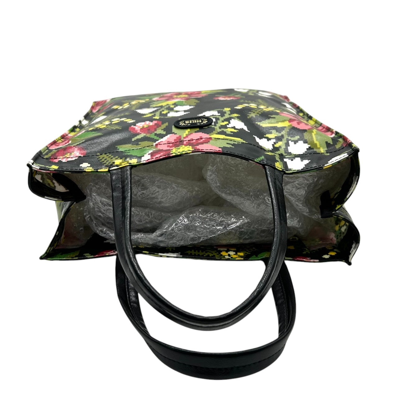 【新品同様】フェイラー FEILER トートバッグ ハンドバッグ PVCコーティング ビニール 花柄 フラワー 植物柄 総柄 シュニール織柄 軽量 雨に強い ブラック 黒 マルチカラー エレガント 上品 ショッピング 買い物 お出かけ レディース 鞄 s92