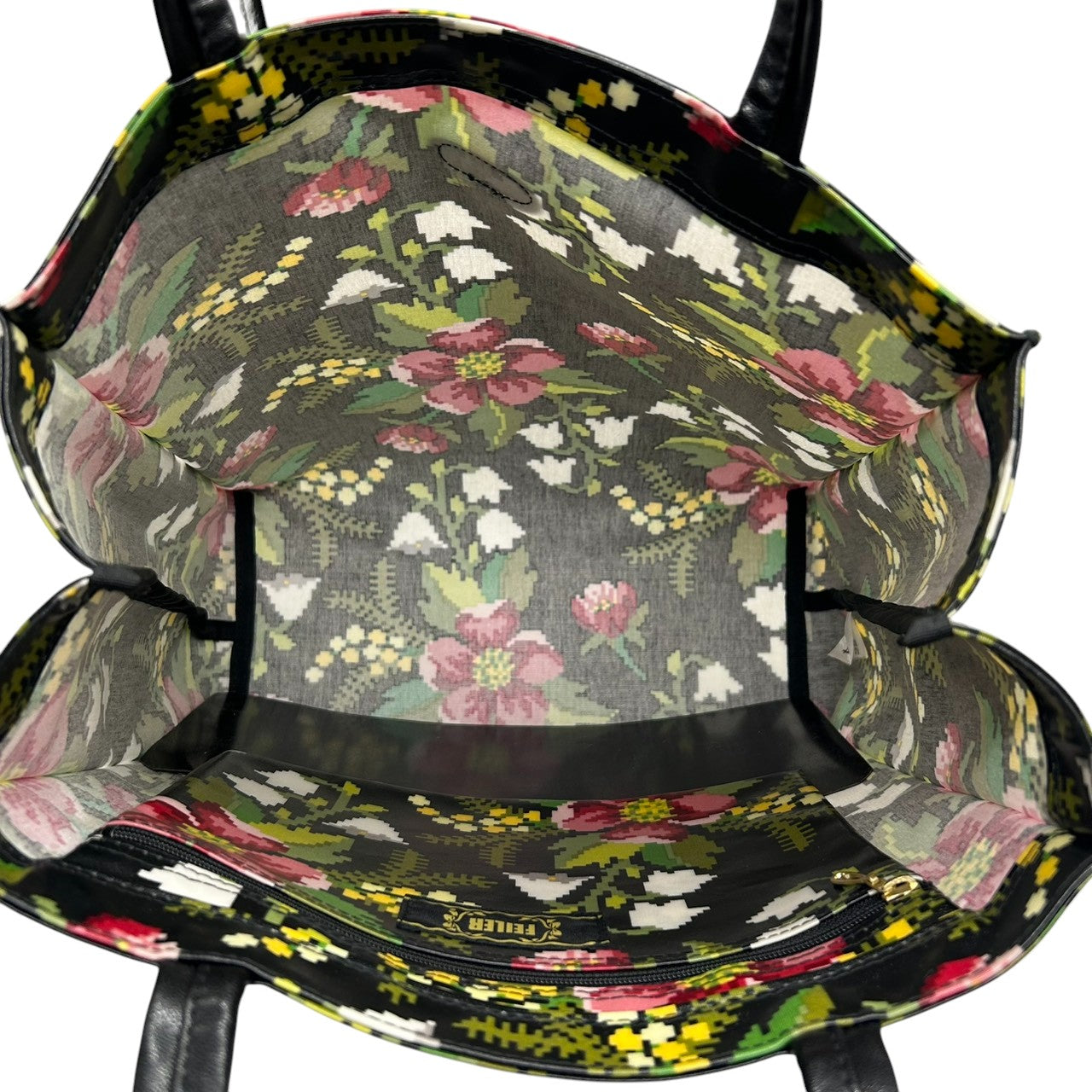 【新品同様】フェイラー FEILER トートバッグ ハンドバッグ PVCコーティング ビニール 花柄 フラワー 植物柄 総柄 シュニール織柄 軽量 雨に強い ブラック 黒 マルチカラー エレガント 上品 ショッピング 買い物 お出かけ レディース 鞄 s92