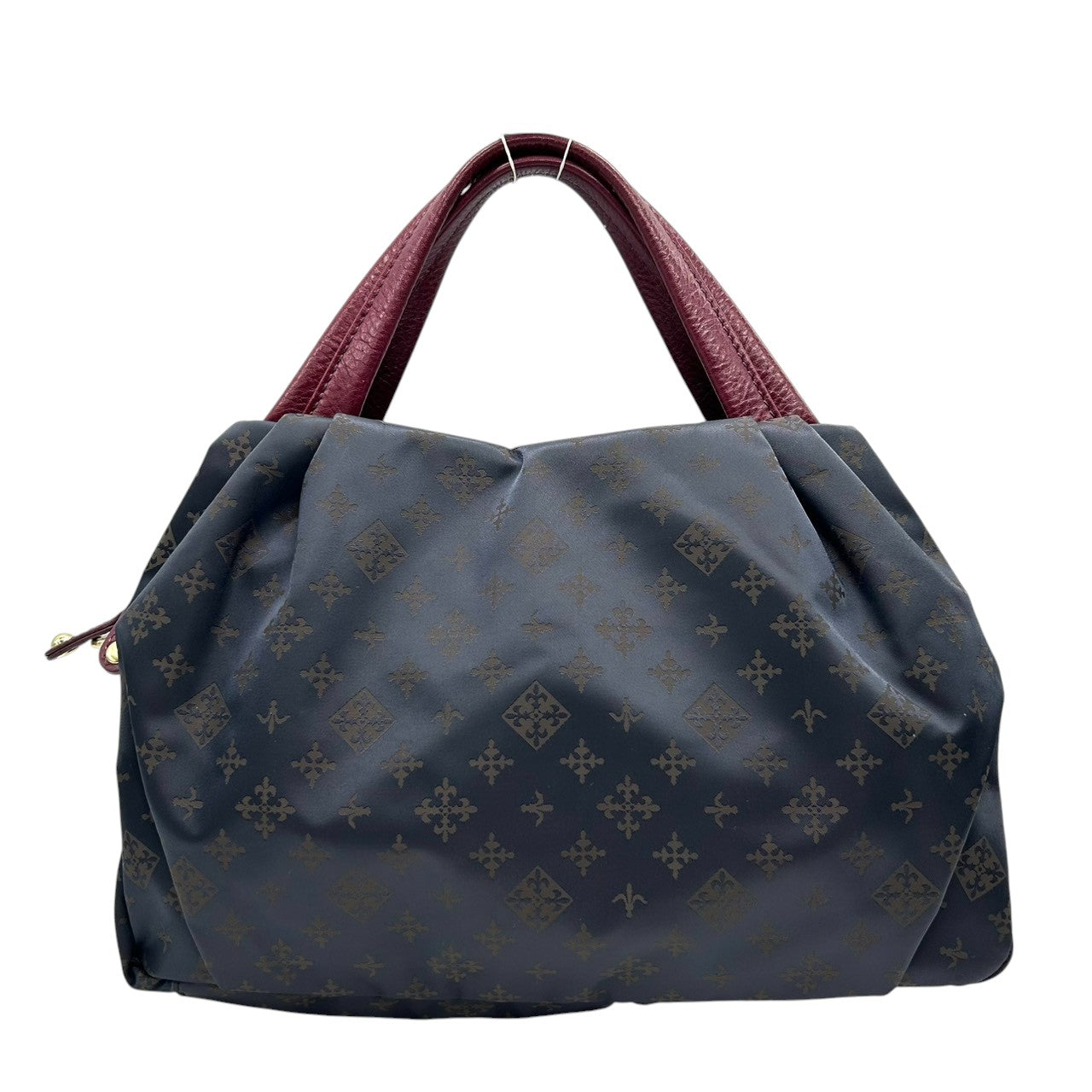 【極美品】ラシット russet 2WAY ショルダーバッグ ハンドバッグ 斜め掛け可 ナイロン レザー 軽量 モノグラム 総柄 ネイビー 紺 レッド 赤 バイカラー タック ギャザー レディース お出かけ 旅行 カジュアル 鞄 かばん s92