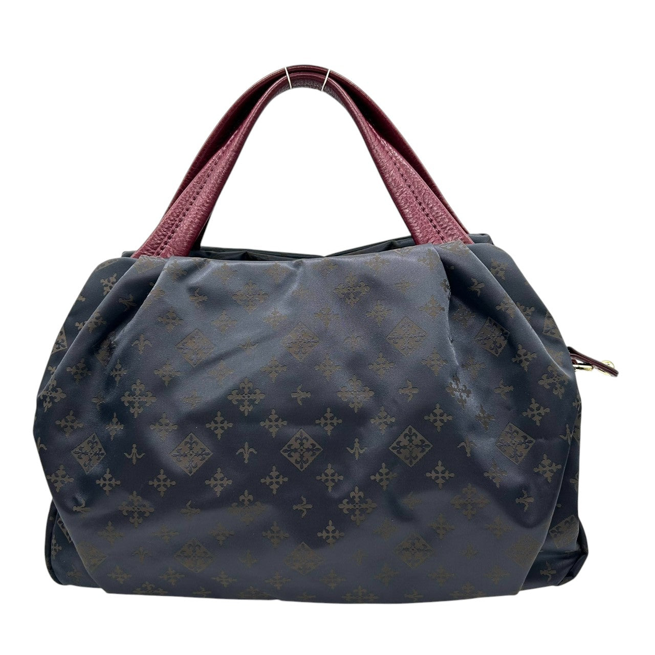 【極美品】ラシット russet 2WAY ショルダーバッグ ハンドバッグ 斜め掛け可 ナイロン レザー 軽量 モノグラム 総柄 ネイビー 紺 レッド 赤 バイカラー タック ギャザー レディース お出かけ 旅行 カジュアル 鞄 かばん s92