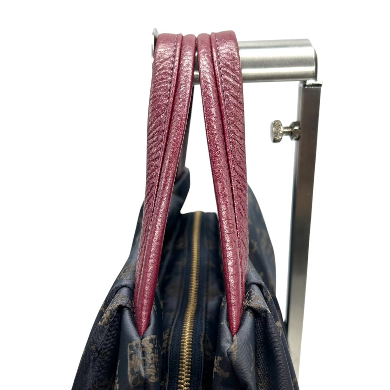 【極美品】ラシット russet 2WAY ショルダーバッグ ハンドバッグ 斜め掛け可 ナイロン レザー 軽量 モノグラム 総柄 ネイビー 紺 レッド 赤 バイカラー タック ギャザー レディース お出かけ 旅行 カジュアル 鞄 かばん s92