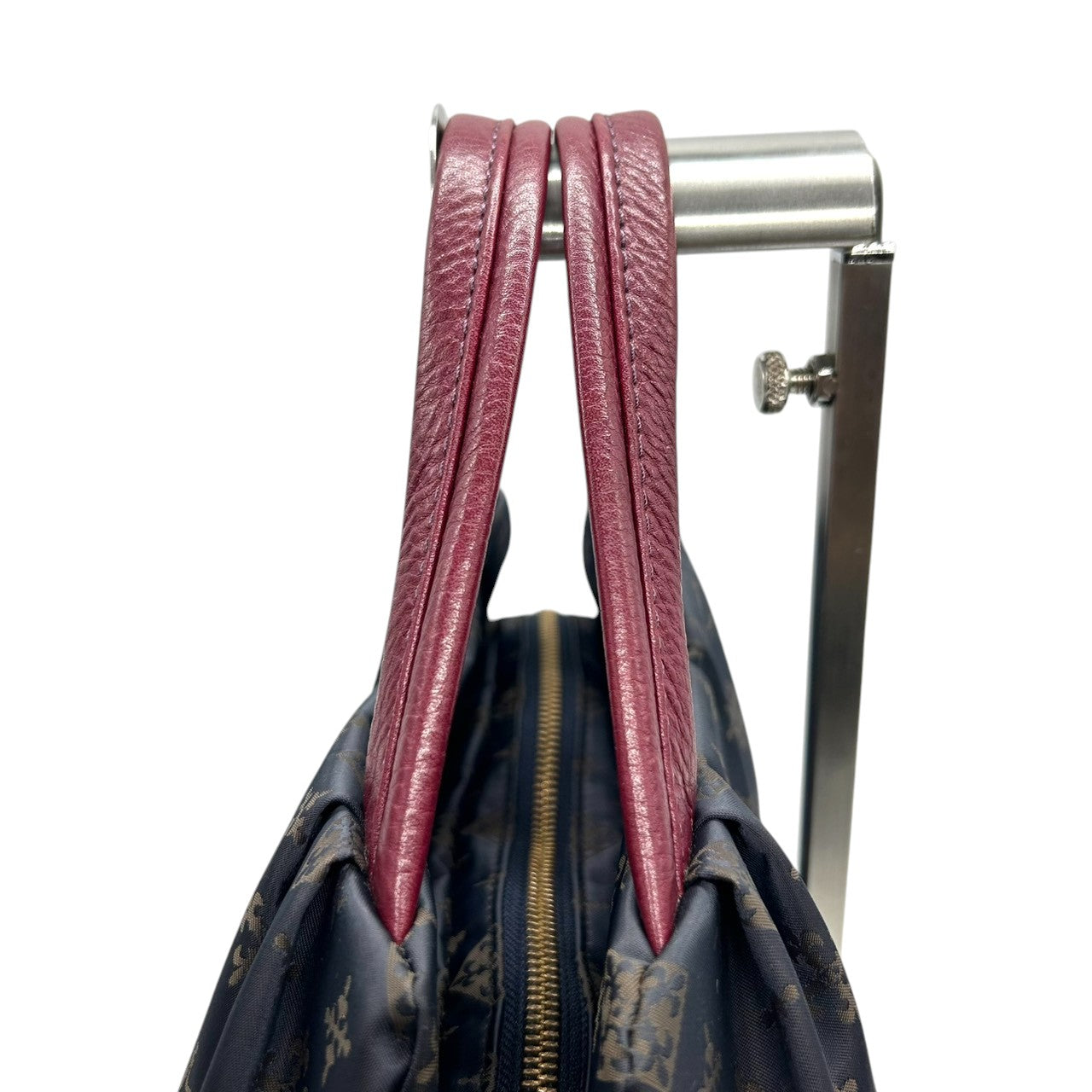 【極美品】ラシット russet 2WAY ショルダーバッグ ハンドバッグ 斜め掛け可 ナイロン レザー 軽量 モノグラム 総柄 ネイビー 紺 レッド 赤 バイカラー タック ギャザー レディース お出かけ 旅行 カジュアル 鞄 かばん s92