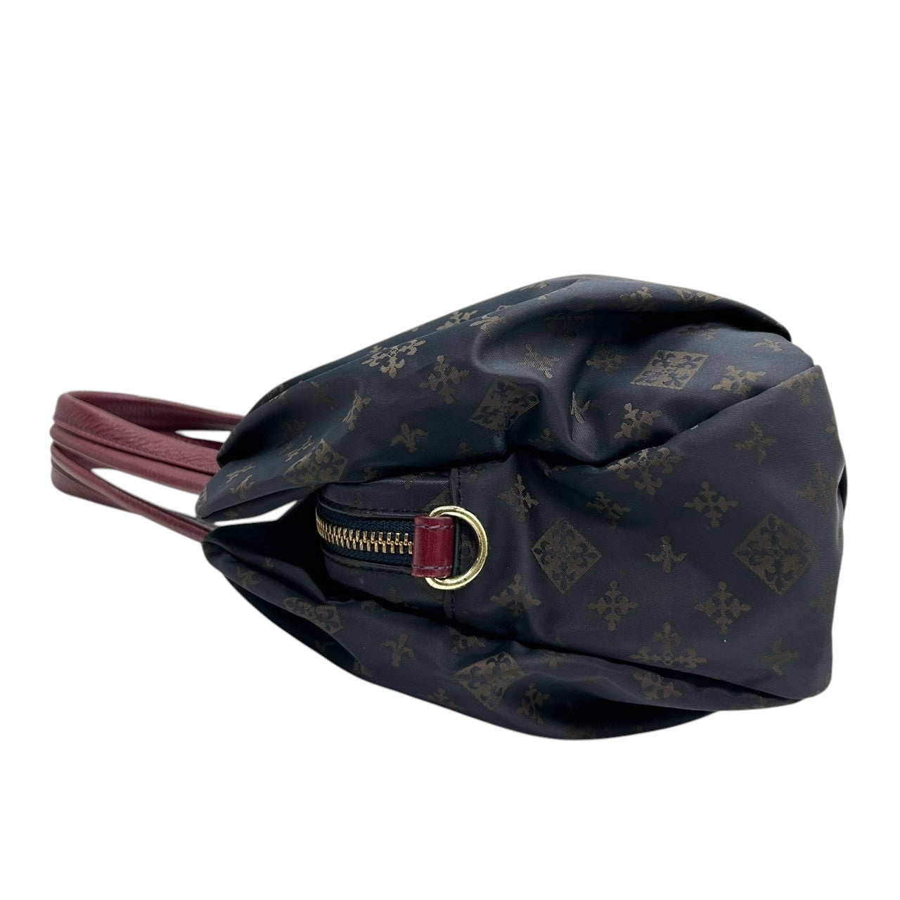 【極美品】ラシット russet 2WAY ショルダーバッグ ハンドバッグ 斜め掛け可 ナイロン レザー 軽量 モノグラム 総柄 ネイビー 紺 レッド 赤 バイカラー タック ギャザー レディース お出かけ 旅行 カジュアル 鞄 かばん s92