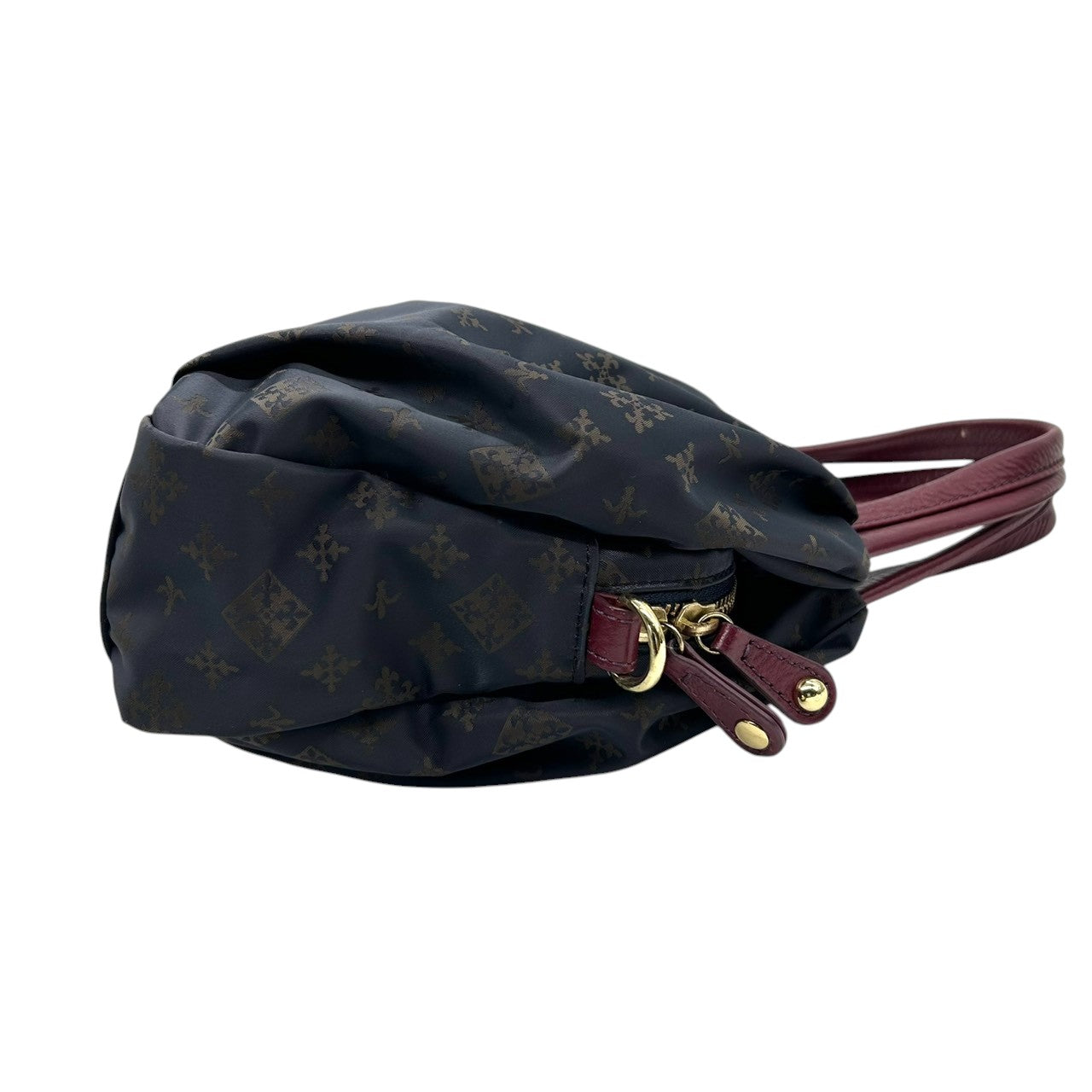 【極美品】ラシット russet 2WAY ショルダーバッグ ハンドバッグ 斜め掛け可 ナイロン レザー 軽量 モノグラム 総柄 ネイビー 紺 レッド 赤 バイカラー タック ギャザー レディース お出かけ 旅行 カジュアル 鞄 かばん s92