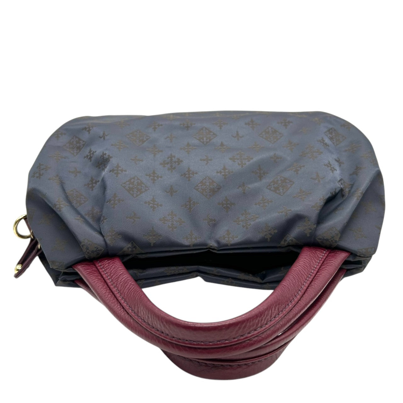 【極美品】ラシット russet 2WAY ショルダーバッグ ハンドバッグ 斜め掛け可 ナイロン レザー 軽量 モノグラム 総柄 ネイビー 紺 レッド 赤 バイカラー タック ギャザー レディース お出かけ 旅行 カジュアル 鞄 かばん s92