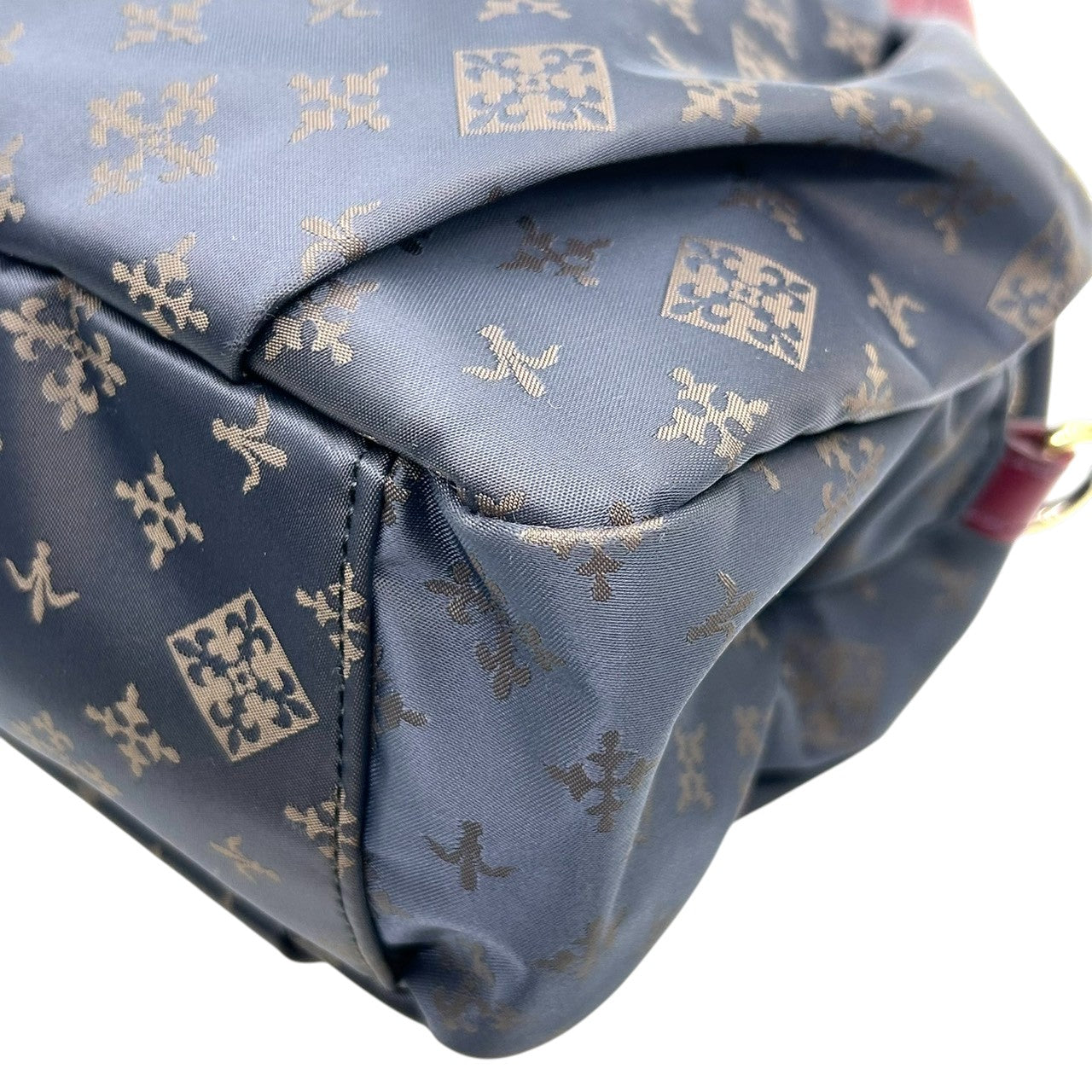 【極美品】ラシット russet 2WAY ショルダーバッグ ハンドバッグ 斜め掛け可 ナイロン レザー 軽量 モノグラム 総柄 ネイビー 紺 レッド 赤 バイカラー タック ギャザー レディース お出かけ 旅行 カジュアル 鞄 かばん s92