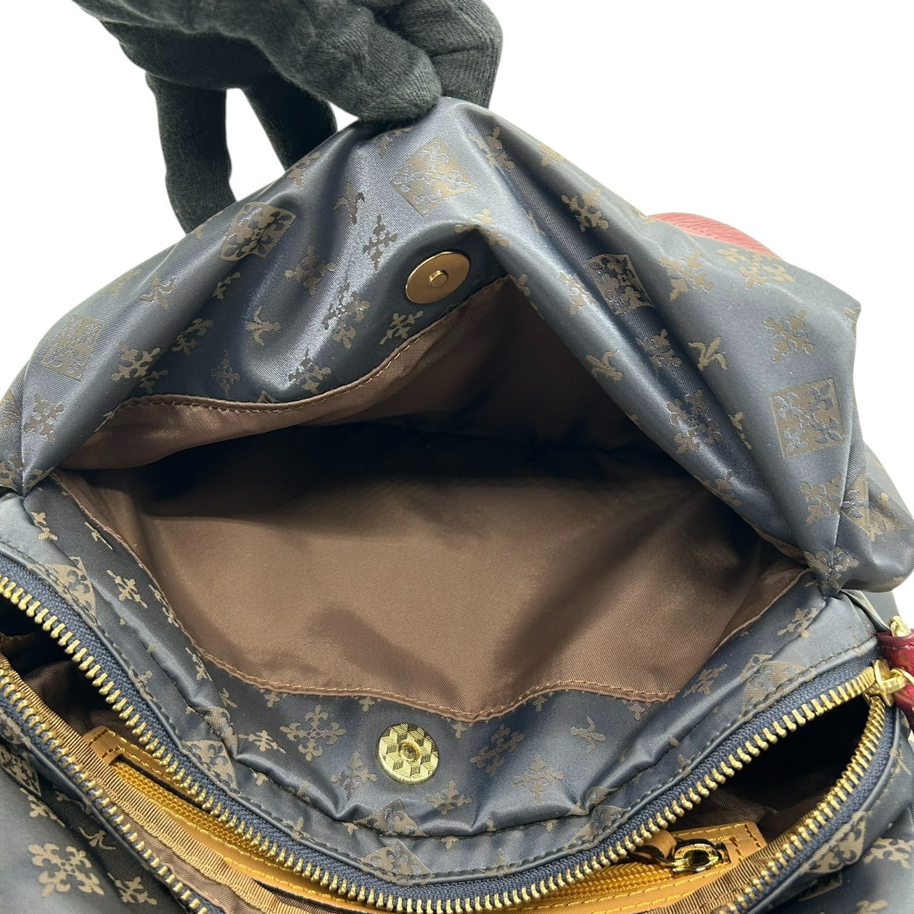 【極美品】ラシット russet 2WAY ショルダーバッグ ハンドバッグ 斜め掛け可 ナイロン レザー 軽量 モノグラム 総柄 ネイビー 紺 レッド 赤 バイカラー タック ギャザー レディース お出かけ 旅行 カジュアル 鞄 かばん s92