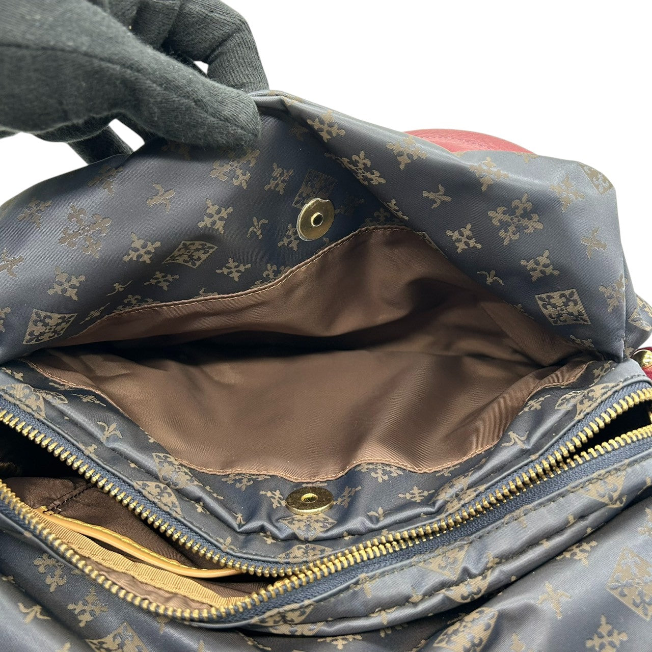 【極美品】ラシット russet 2WAY ショルダーバッグ ハンドバッグ 斜め掛け可 ナイロン レザー 軽量 モノグラム 総柄 ネイビー 紺 レッド 赤 バイカラー タック ギャザー レディース お出かけ 旅行 カジュアル 鞄 かばん s92