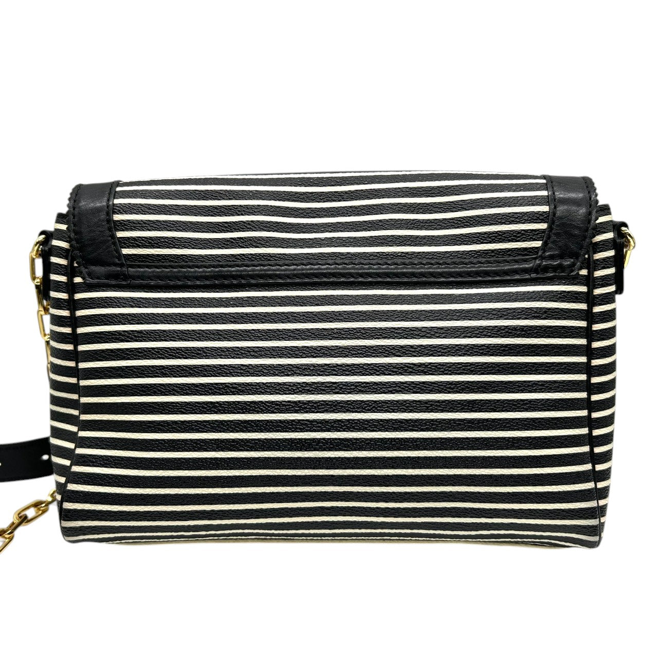 【美品】トリーバーチ Tory Burch ショルダーバッグ クロスボディ 斜め掛け可 チェーン PVC レザー ボーダー ストライプ 黒 白 ブラック ホワイト ゴールド金具 ロゴ ダブルT フラップ レディース お出かけ 旅行 カジュアル かばん s92