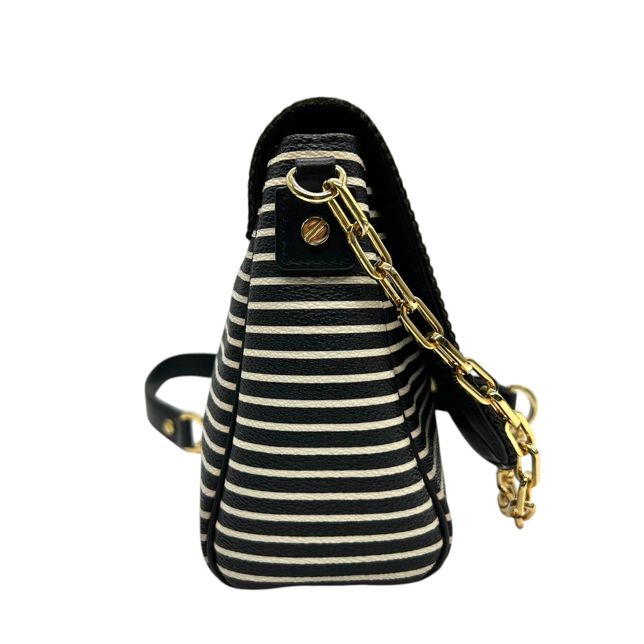 【美品】トリーバーチ Tory Burch ショルダーバッグ クロスボディ 斜め掛け可 チェーン PVC レザー ボーダー ストライプ 黒 白 ブラック ホワイト ゴールド金具 ロゴ ダブルT フラップ レディース お出かけ 旅行 カジュアル かばん s92