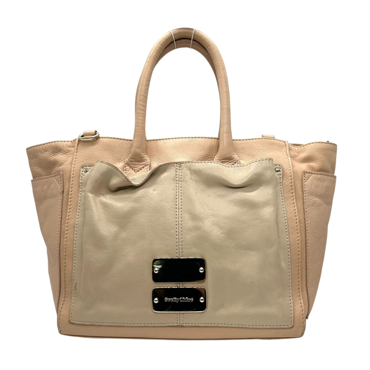 シーバイクロエ See By Chloé 2WAY ショルダーバッグ ハンドバッグ 斜め掛け可 レザー 本革 ベージュ ピンク バイカラー ロゴプレート ゴールド金具 ギャランティカード付 カジュアル お出かけ 旅行 レディース 鞄 かばん s92