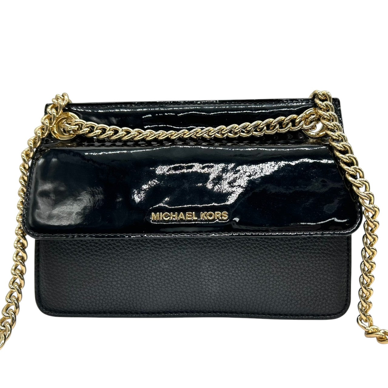 【美品】マイケルコース MICHAEL KORS ショルダーバッグ チェーン クロスボディ 斜め掛け パテントレザー エナメル 異素材 ブラック 黒 ゴールド金具 ロゴ フラップ パーティー お出かけ レディース 鞄 かばん s93