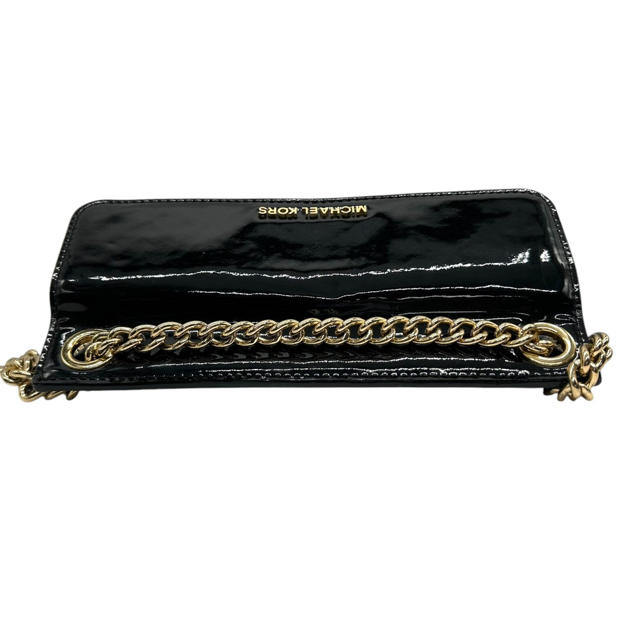 【美品】マイケルコース MICHAEL KORS ショルダーバッグ チェーン クロスボディ 斜め掛け パテントレザー エナメル 異素材 ブラック 黒 ゴールド金具 ロゴ フラップ パーティー お出かけ レディース 鞄 かばん s93