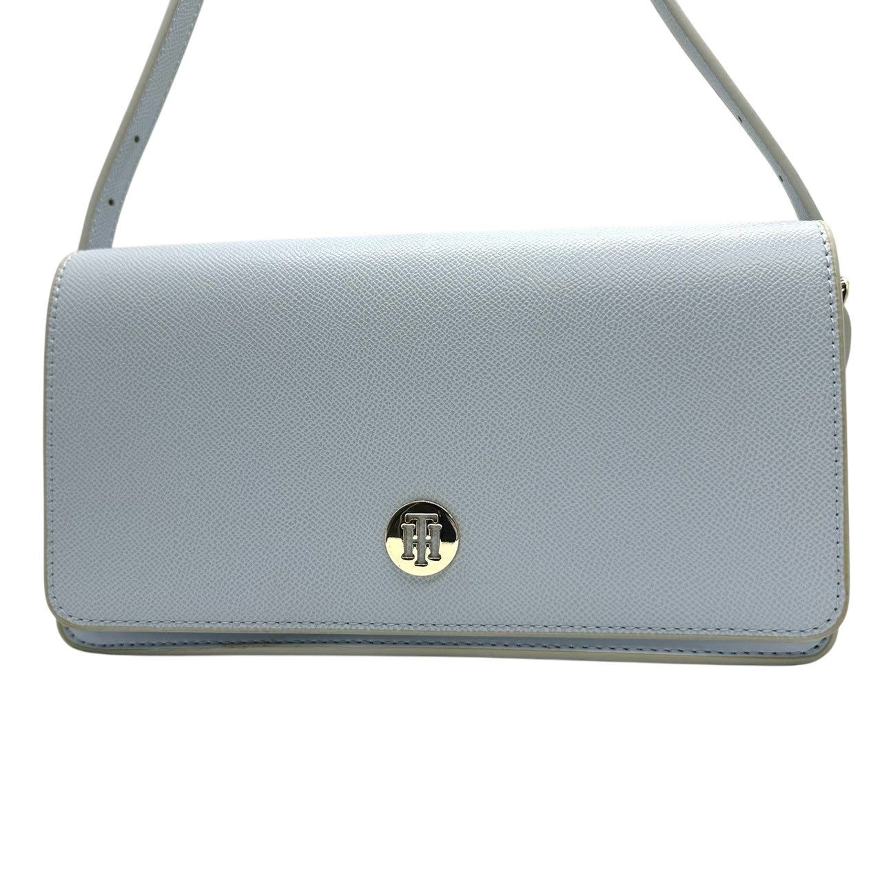 【美品】トミーヒルフィガー TOMMY HILFIGER ショルダーバッグ ポシェット 斜め掛け可 サフィアーノ レザー 本革 ライトブルー 水色 ゴールド金具 レディース シンプル カジュアル お出かけ デート s93