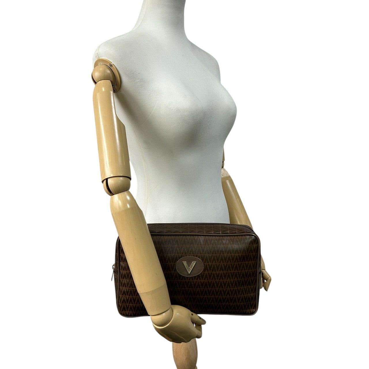 マリオヴァレンティノ MARIO VALENTINO マリオバレンチノ セカンドバッグ ポーチ Vロゴ 総柄 モノグラム PVC レザー 本革 ブラウン 茶色 メンズ 紳士 レディース 婦人 ユニセックス 男女兼用 ヴィンテージ オールド イタリア製 s93