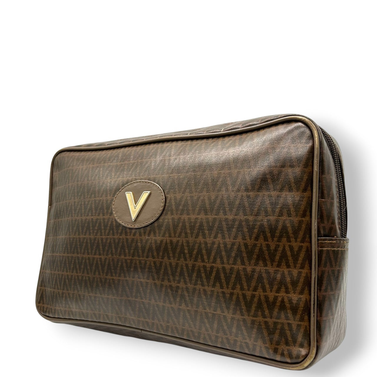 マリオヴァレンティノ MARIO VALENTINO マリオバレンチノ セカンドバッグ ポーチ Vロゴ 総柄 モノグラム PVC レザー 本革 ブラウン 茶色 メンズ 紳士 レディース 婦人 ユニセックス 男女兼用 ヴィンテージ オールド イタリア製 s93