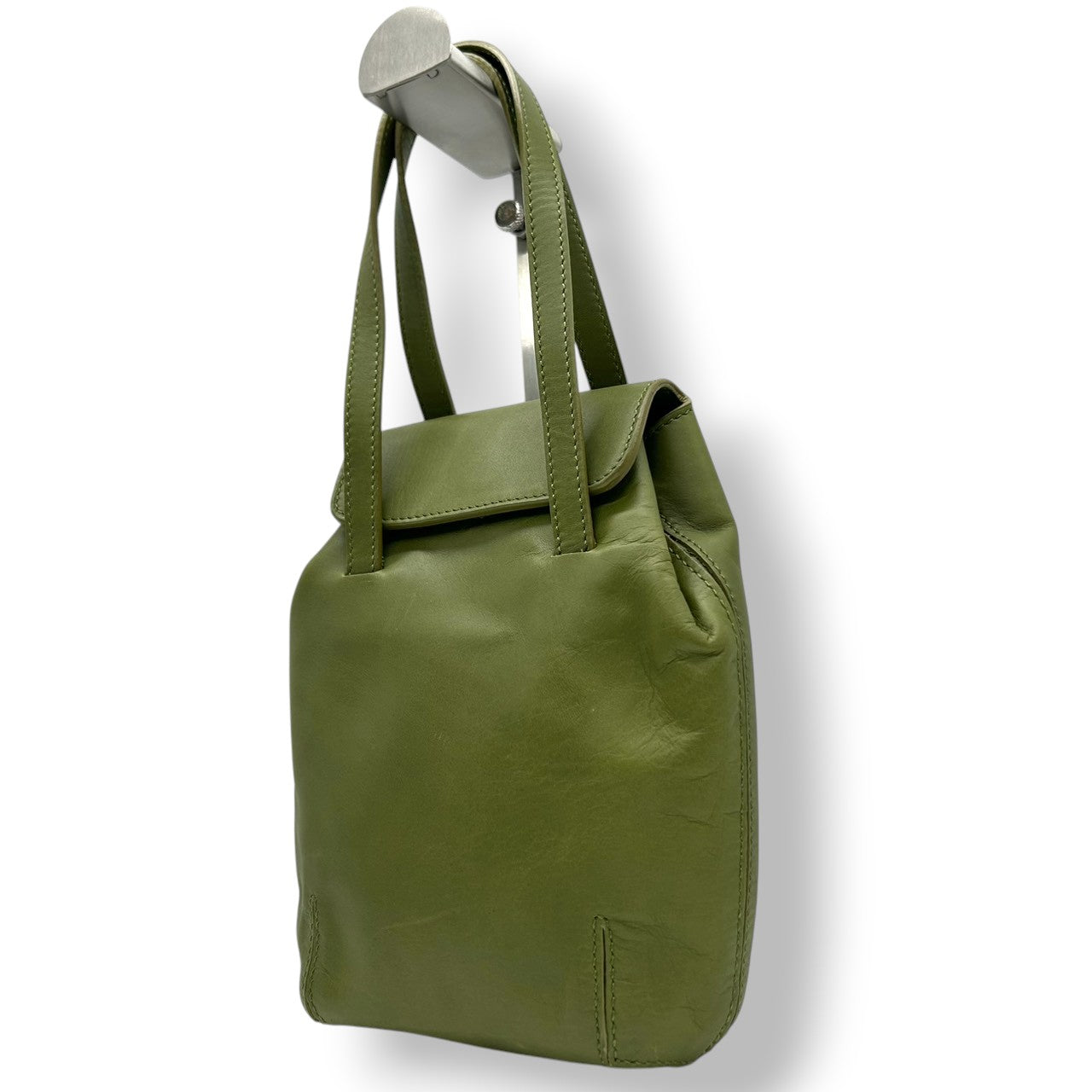 【美品】ヒロフ HIROFU ハンドバッグ ミニトートバッグ ランチバッグ レザー 本革 グリーン オリーブ カーキ 抹茶色 イタリア製 レディース コンパクト シンプル カジュアル ロゴ型押し 自立可 お出かけ デート 散歩 希少 Patina s94