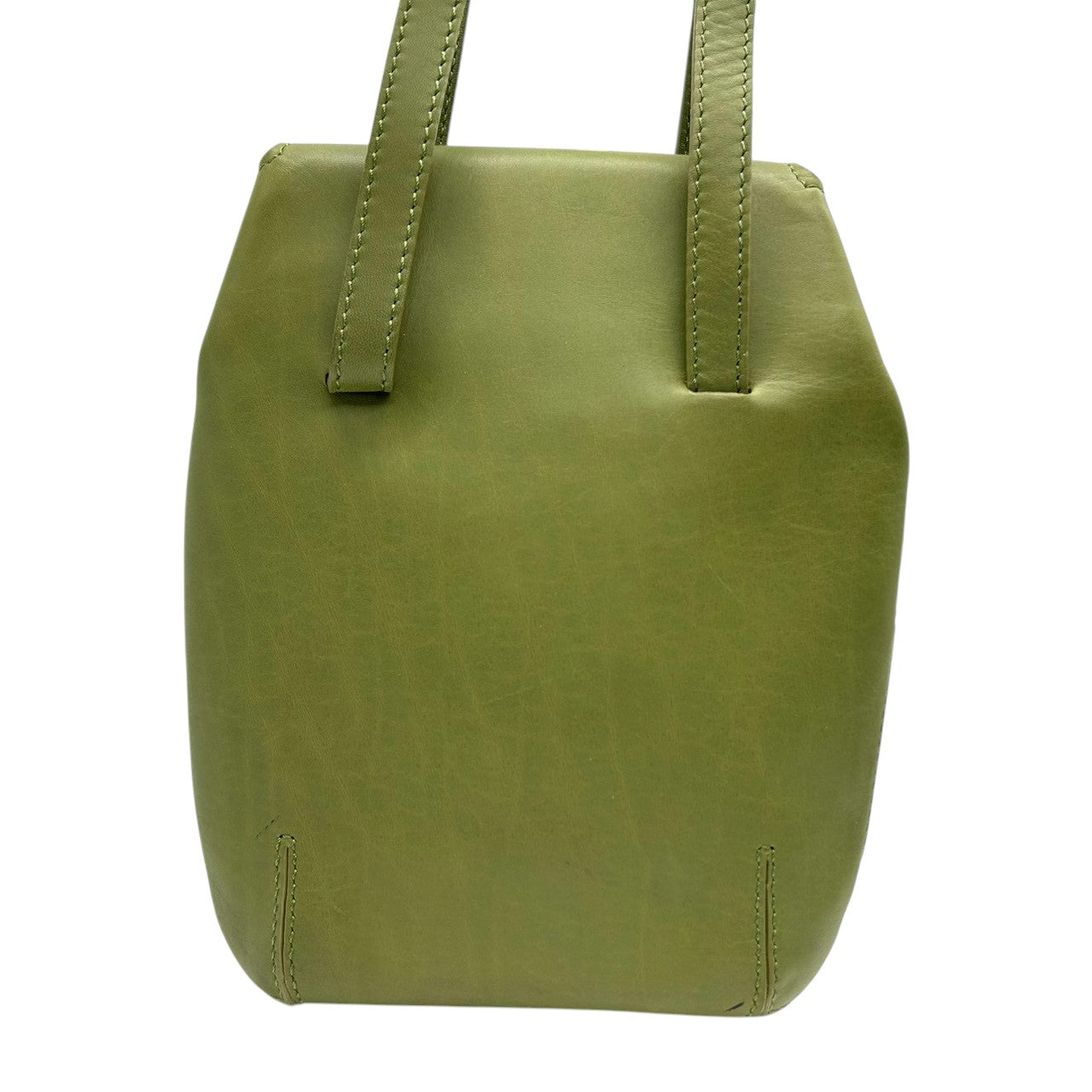 【美品】ヒロフ HIROFU ハンドバッグ ミニトートバッグ ランチバッグ レザー 本革 グリーン オリーブ カーキ 抹茶色 イタリア製 レディース コンパクト シンプル カジュアル ロゴ型押し 自立可 お出かけ デート 散歩 希少 Patina s94