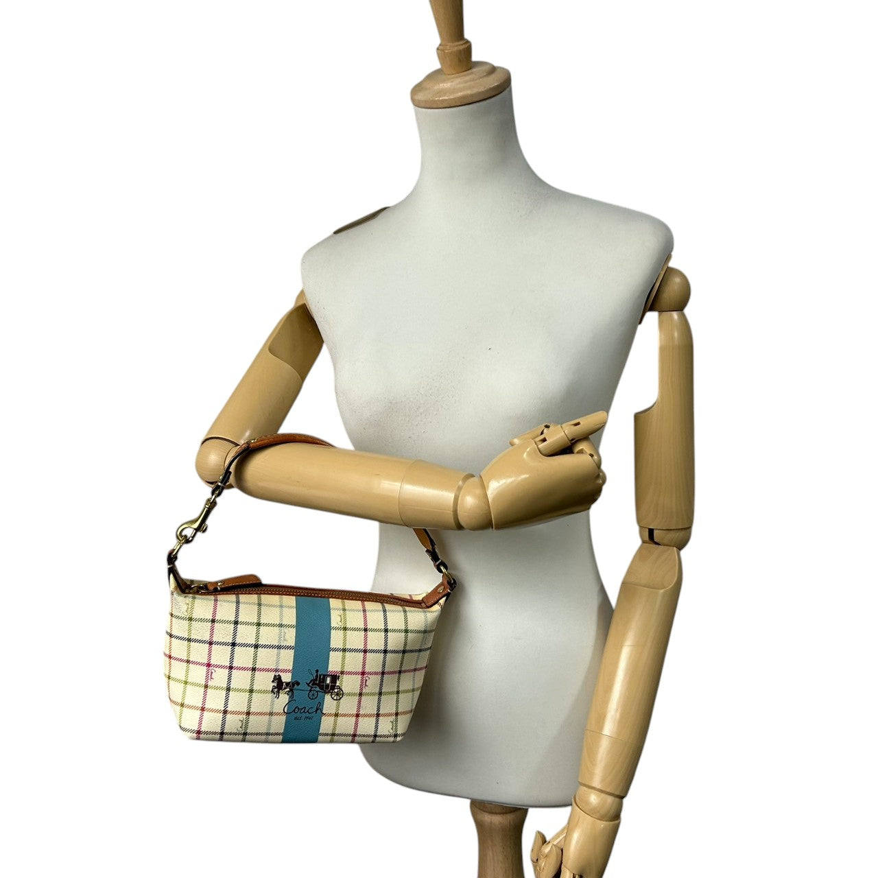 コーチ COACH タッターソール チェック柄 アクセサリーポーチ ハンドバッグ ミニバッグ 41879 マルチカラー PVC レザー 本革 ホワイト クリーム 系 馬車ロゴ ホースアンドキャリッジ 軽量 ランチトート サブバッグ レディース s2