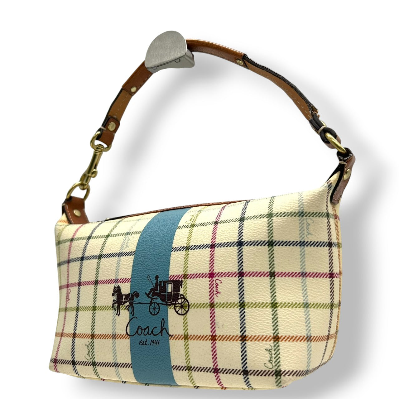 コーチ COACH タッターソール チェック柄 アクセサリーポーチ ハンドバッグ ミニバッグ 41879 マルチカラー PVC レザー 本革 ホワイト クリーム 系 馬車ロゴ ホースアンドキャリッジ 軽量 ランチトート サブバッグ レディース s2