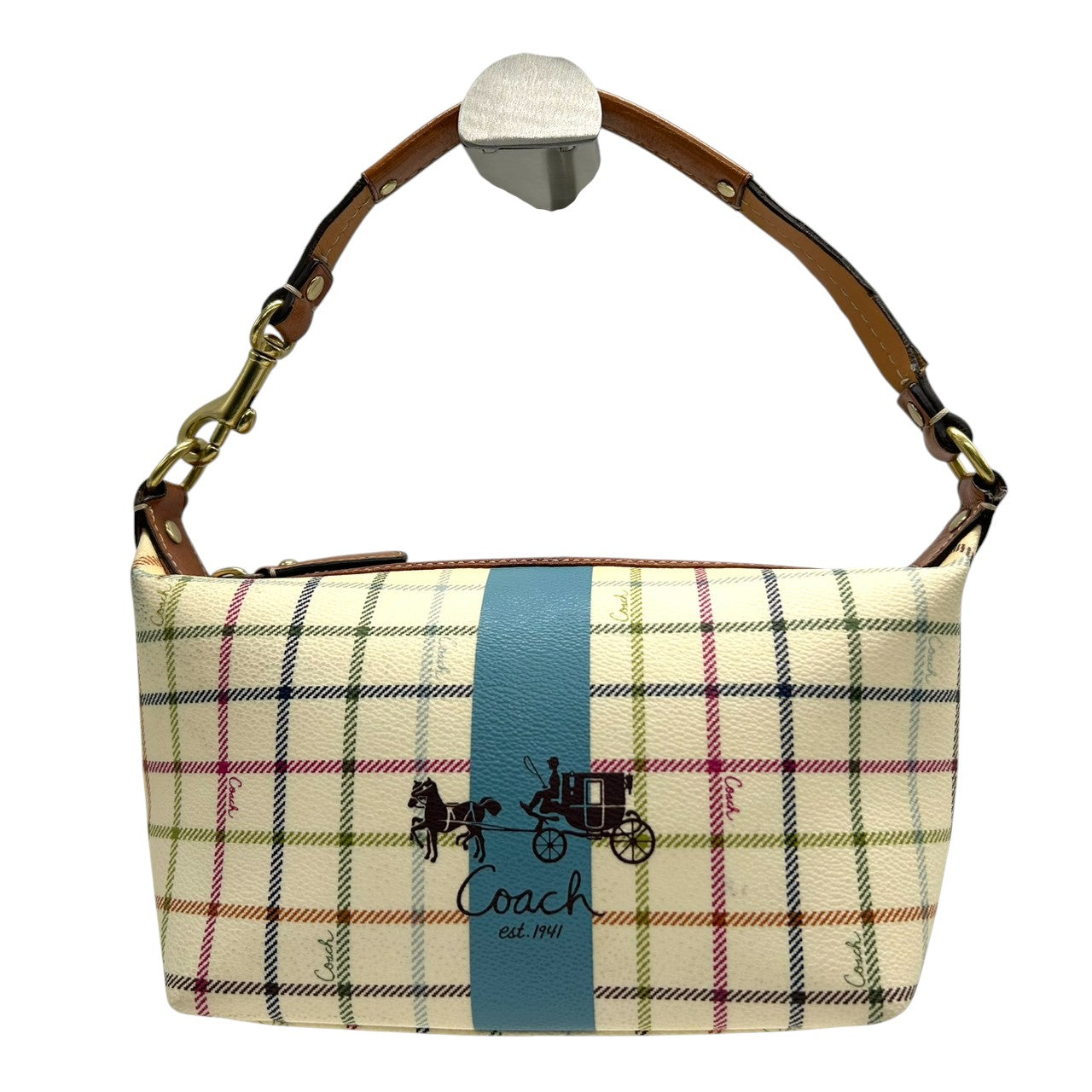 コーチ COACH タッターソール チェック柄 アクセサリーポーチ ハンドバッグ ミニバッグ 41879 マルチカラー PVC レザー 本革 ホワイト クリーム 系 馬車ロゴ ホースアンドキャリッジ 軽量 ランチトート サブバッグ レディース s2