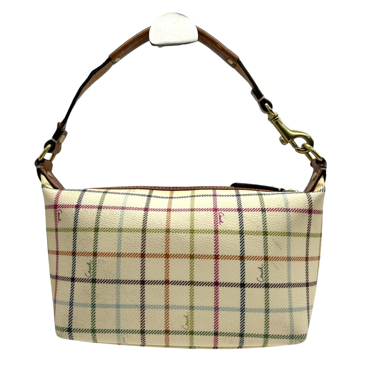 コーチ COACH タッターソール チェック柄 アクセサリーポーチ ハンドバッグ ミニバッグ 41879 マルチカラー PVC レザー 本革 ホワイト クリーム 系 馬車ロゴ ホースアンドキャリッジ 軽量 ランチトート サブバッグ レディース s2