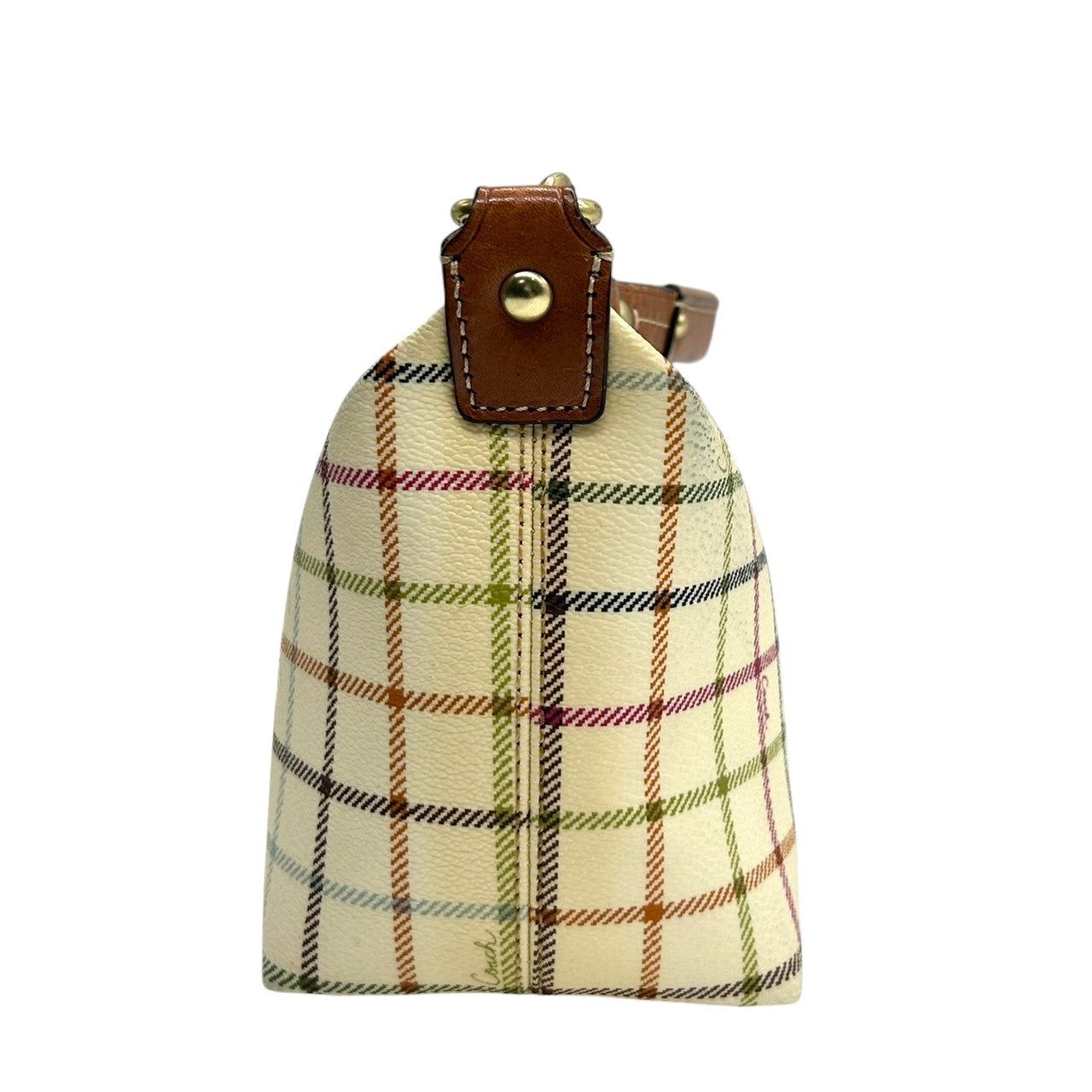 コーチ COACH タッターソール チェック柄 アクセサリーポーチ ハンドバッグ ミニバッグ 41879 マルチカラー PVC レザー 本革 ホワイト クリーム 系 馬車ロゴ ホースアンドキャリッジ 軽量 ランチトート サブバッグ レディース s2